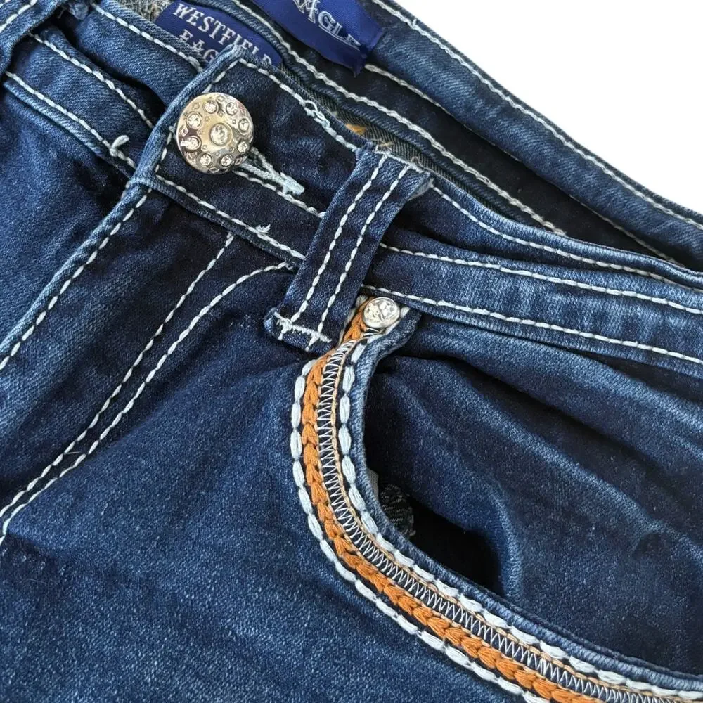 Y2K Westfield Eagle Jeans Junior 7 Bootcut Mob Wife Bling Embellished Denim Blue
